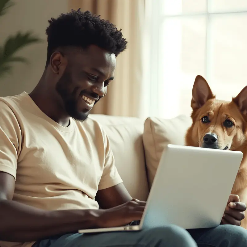 Smiling man working on laptop with dog by his side, showing confidence in mastering credit through smart financial planning.