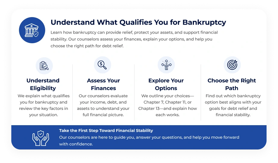 Bankruptcy counseling steps to assess eligibility, finances, and debt relief options.