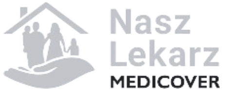 Logo Nasz Lekarz Medicover z rodziną pod dachem trzymaną przez dłoń.