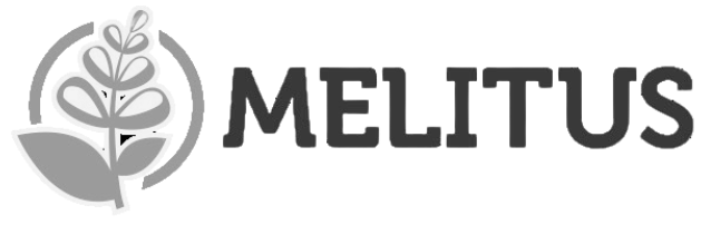 Logo Melitus z stylizowanym liściem i napisem Melitus.