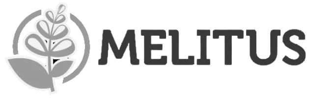Logo Melitus z stylizowanym liściem i napisem Melitus.