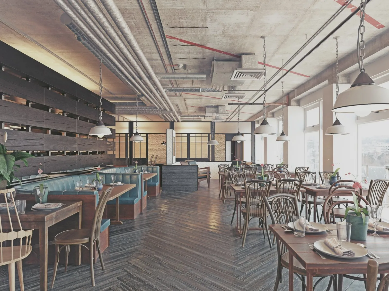 Wnętrze restauracji z nakrytymi stolikami, reklama restauracji