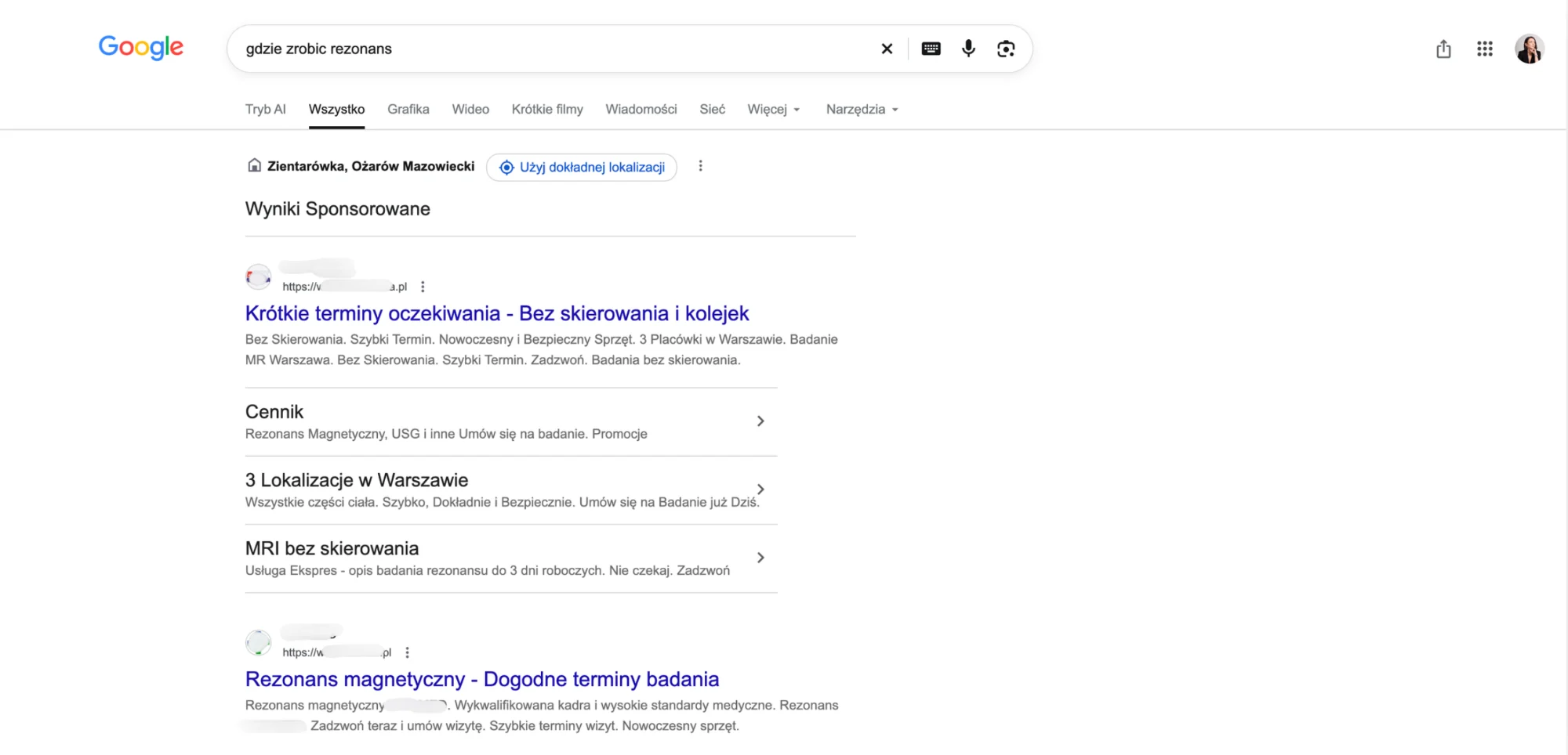 Profil Firmy w Google centrum dermatologicznego z opiniami, zdjęciami i przyciskiem rezerwacji online