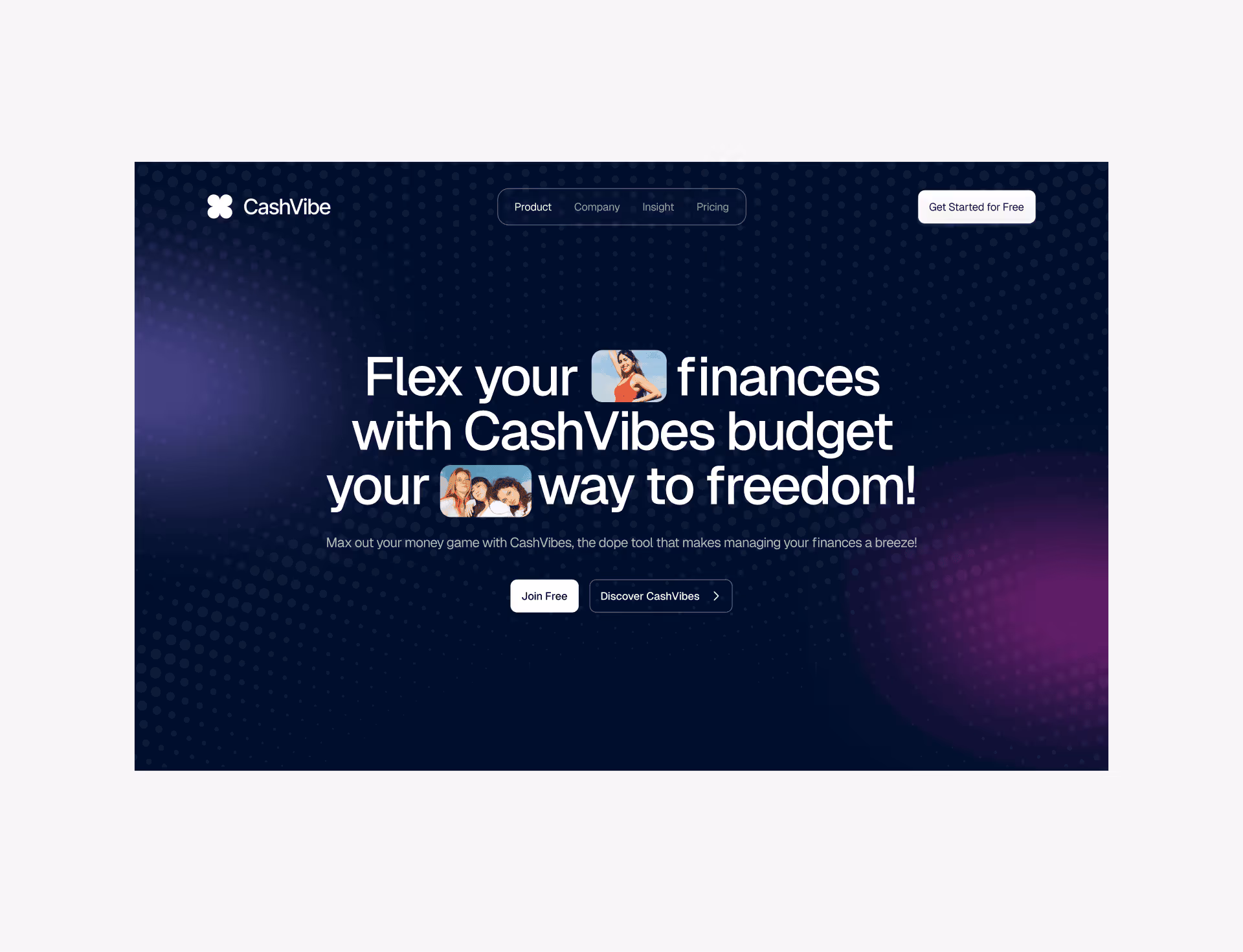 CashVibe fintech landing page hero design with gradient background and lifestyle imagery integration