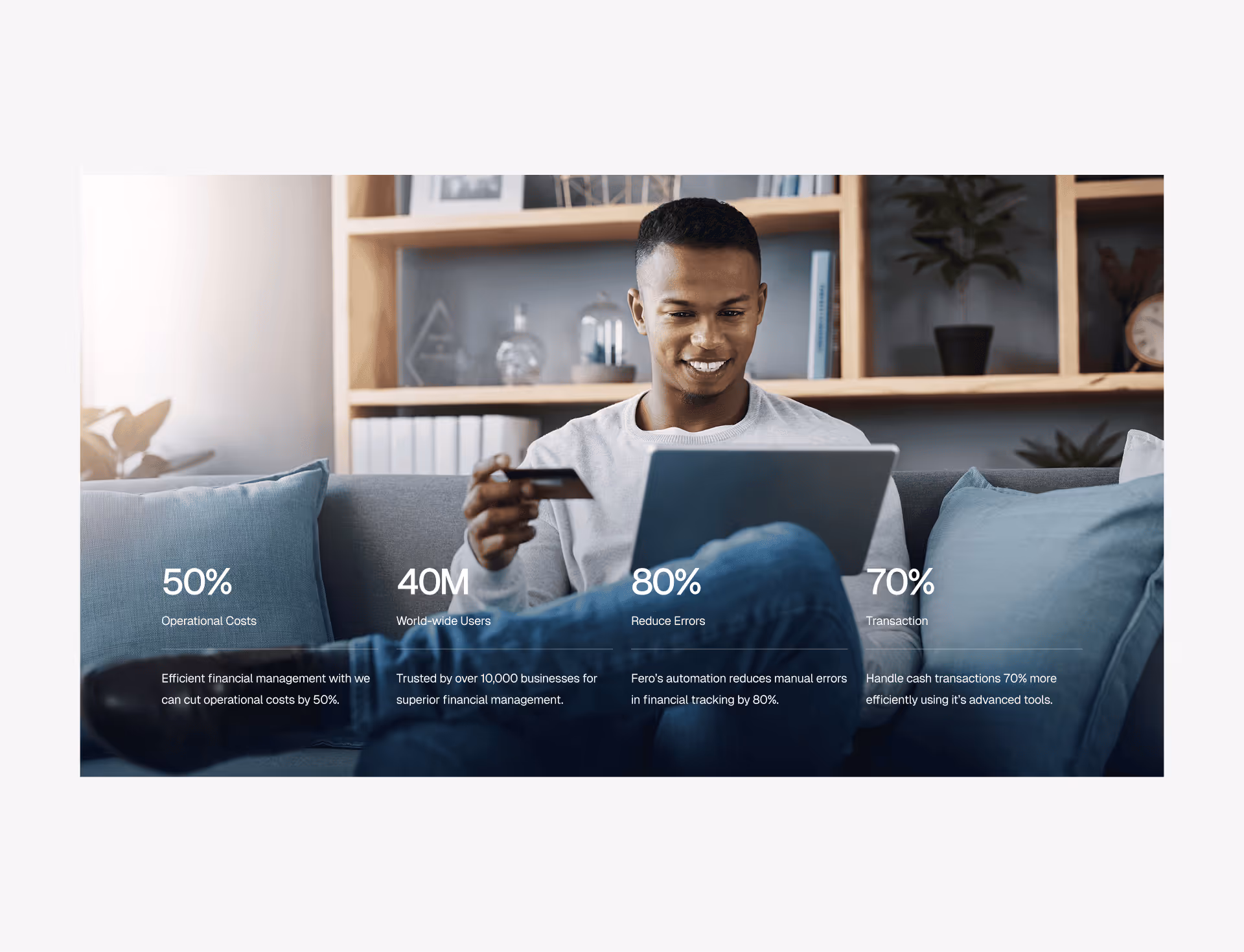 Financial management platform statistics showcase with metric cards and professional lifestyle photography