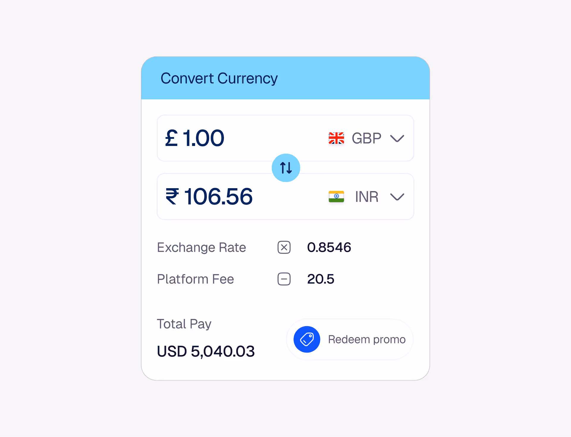Currency exchange interface with rate calculator, fee breakdown, and conversion total