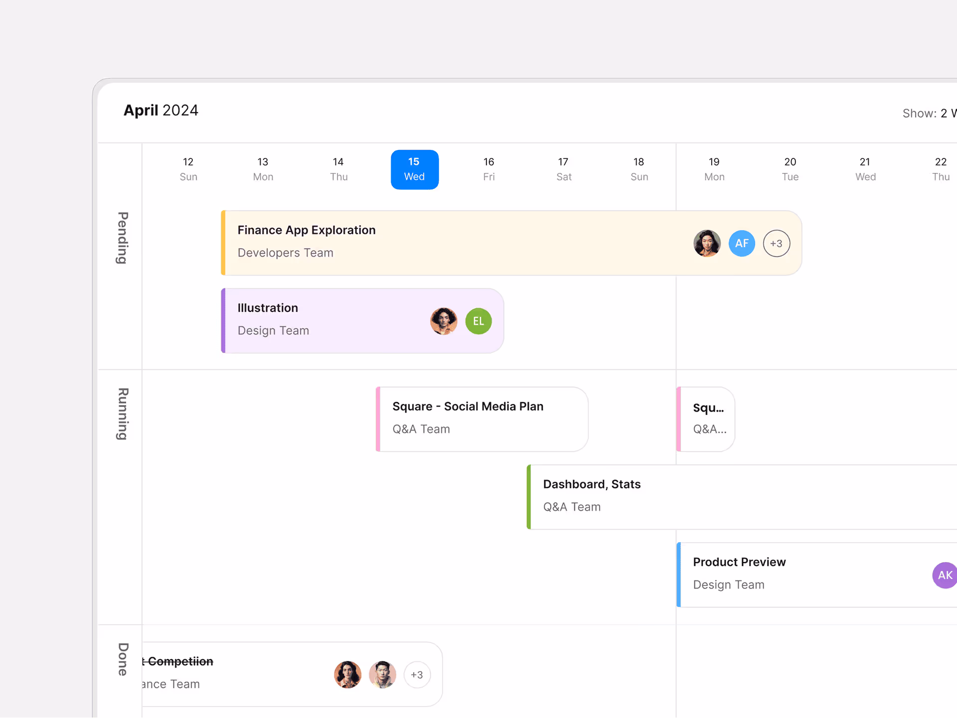 Weekly calendar view for April 15-22 showing color-coded team events including 'Finance App Exploration', 'Illustration', 'Square - Social Media Plan', 'Dashboard Stats', and 'Product Preview' with team assignments