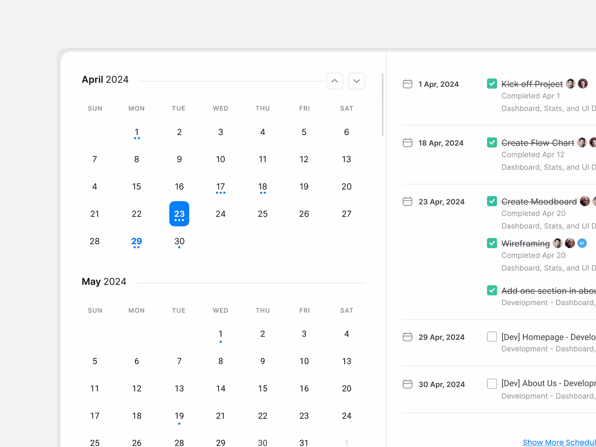 Project calendar showing April and May 2024 with tasks like 'Kick-off Project', 'Create Flow Chart', and 'Create Moodboard' with team member avatars and completion dates