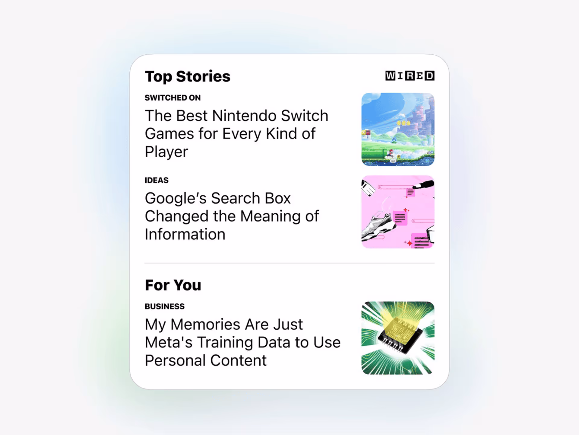 Content discovery widget titled 'Top Stories' from Wired magazine showing featured articles and recommendations in 'Switched On', 'Ideas', and 'For You' sections with thumbnail images