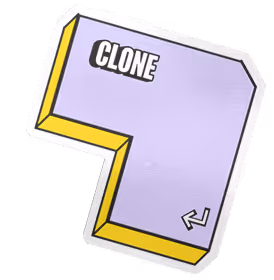 Illustration d'un bloc violet en forme de chiffre 7 avec une bordure jaune, portant l'étiquette 'CLONE' et une flèche.