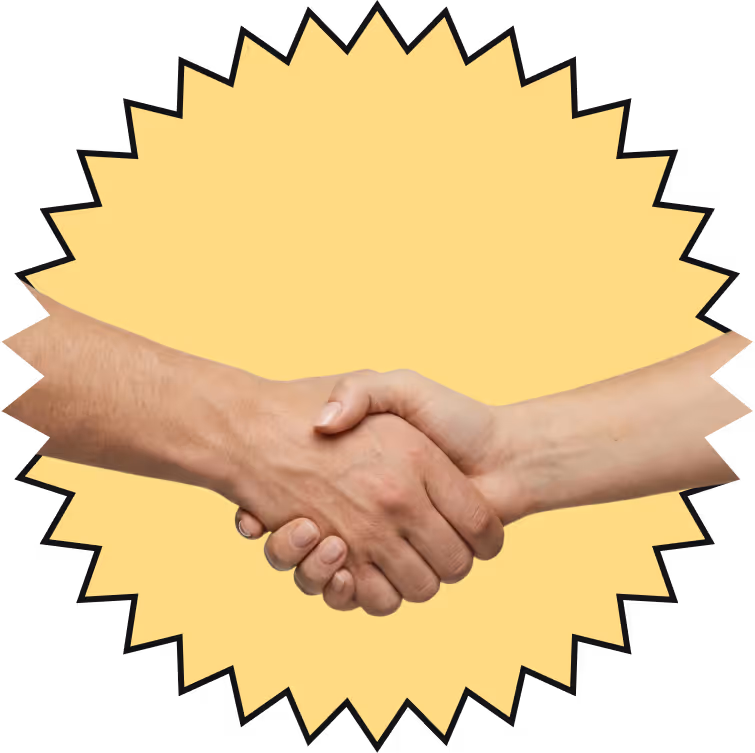 Deux mains serrées en signe de poignée de main sur un fond jaune en forme d'étoile.