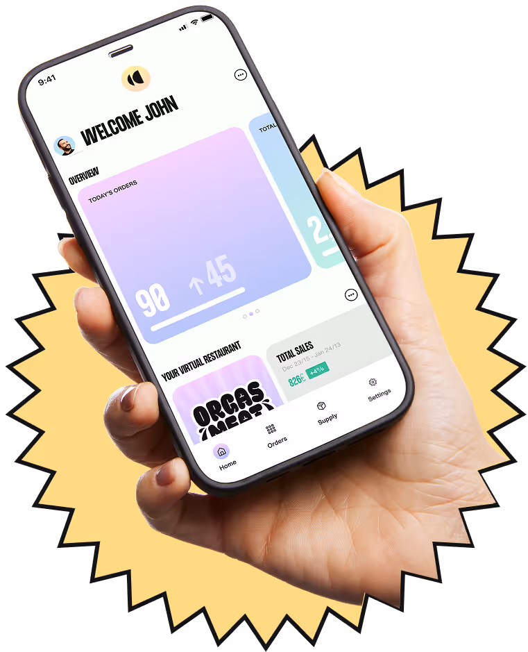 Main tenant un smartphone affichant une application de gestion de restaurant avec les commandes du jour et les ventes totales.