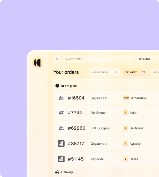 Interface de gestion des commandes avec liste d'ordres en cours, comprenant des commandes Uber Eats et autres, affichant noms de restaurants et clients.