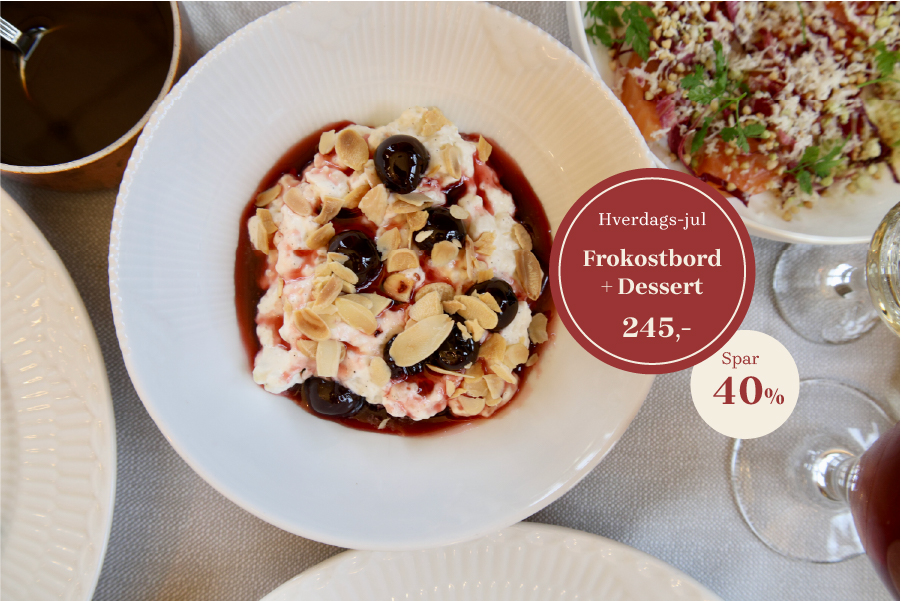 Frokostbord med tre retter og dessert til Hverdags-jul på Brede Spisehus i Lyngby