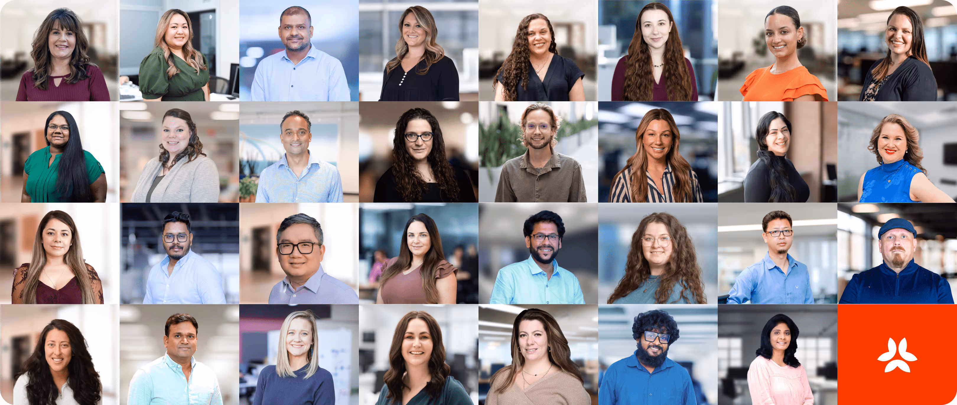 Portraits of 29 diverse professionals arranged in a grid with a red square featuring a white abstract logo in the bottom right corner.