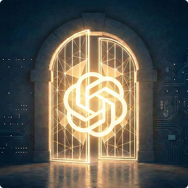 Illuminated gateway with ChatGPT logo representing the new era of AI-native advertising