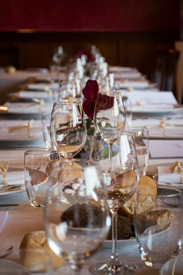 A table set for a wedding dinner.