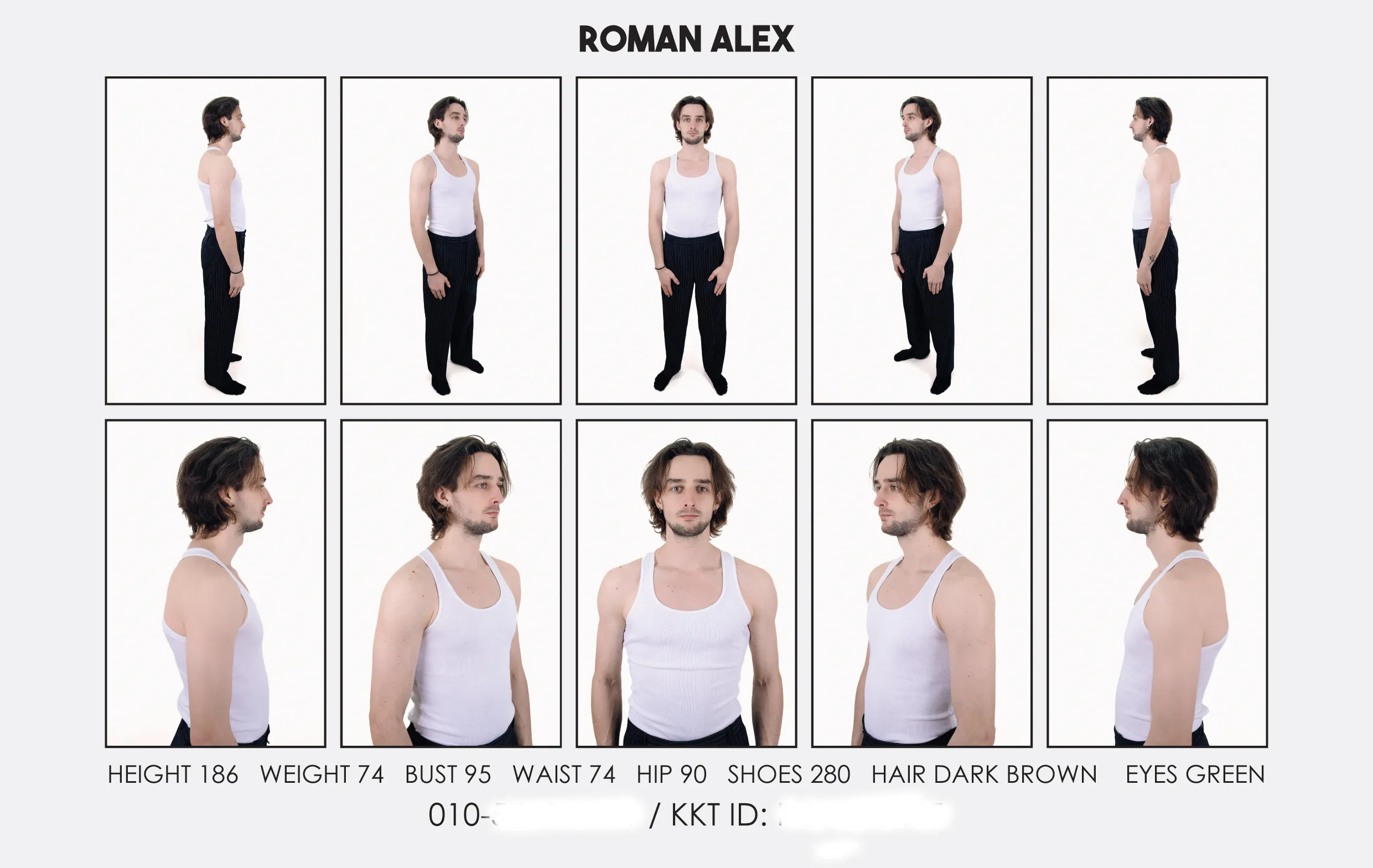 Model comp card for Roman Alex featuring front, side and back studio views.