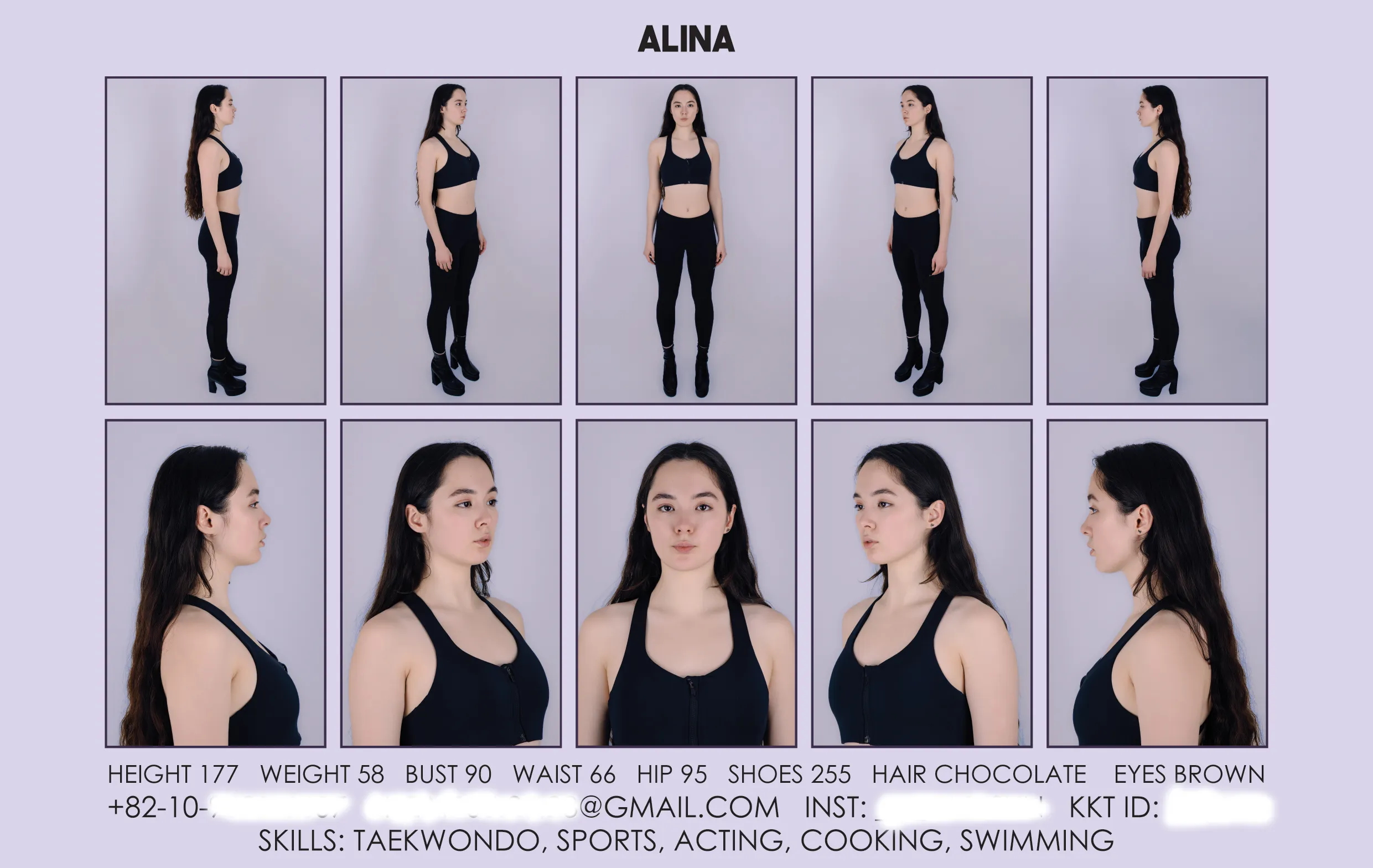 Model comp card for Alina featuring headshots and full-length studio poses.