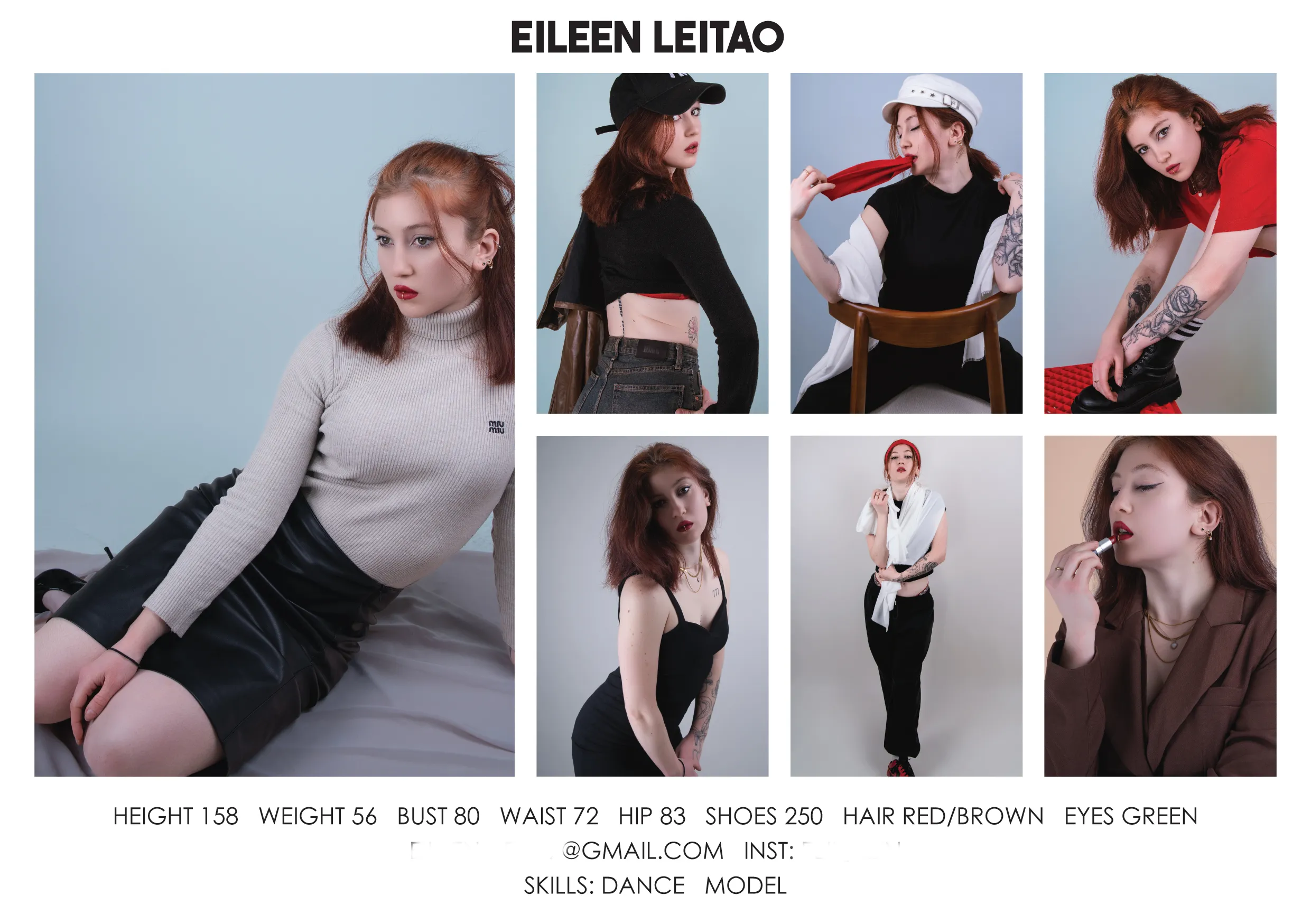 Model comp card for Eileen Leitao featuring studio portraits and full-length poses.