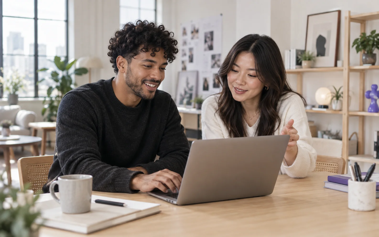 A creator and mentor reviewing content together on a laptop.