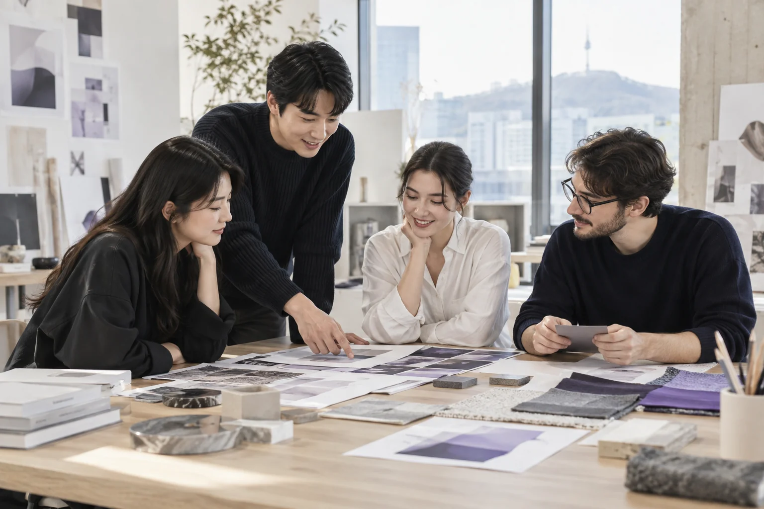 Business representatives and creative collaborators review materials in a Seoul studio.