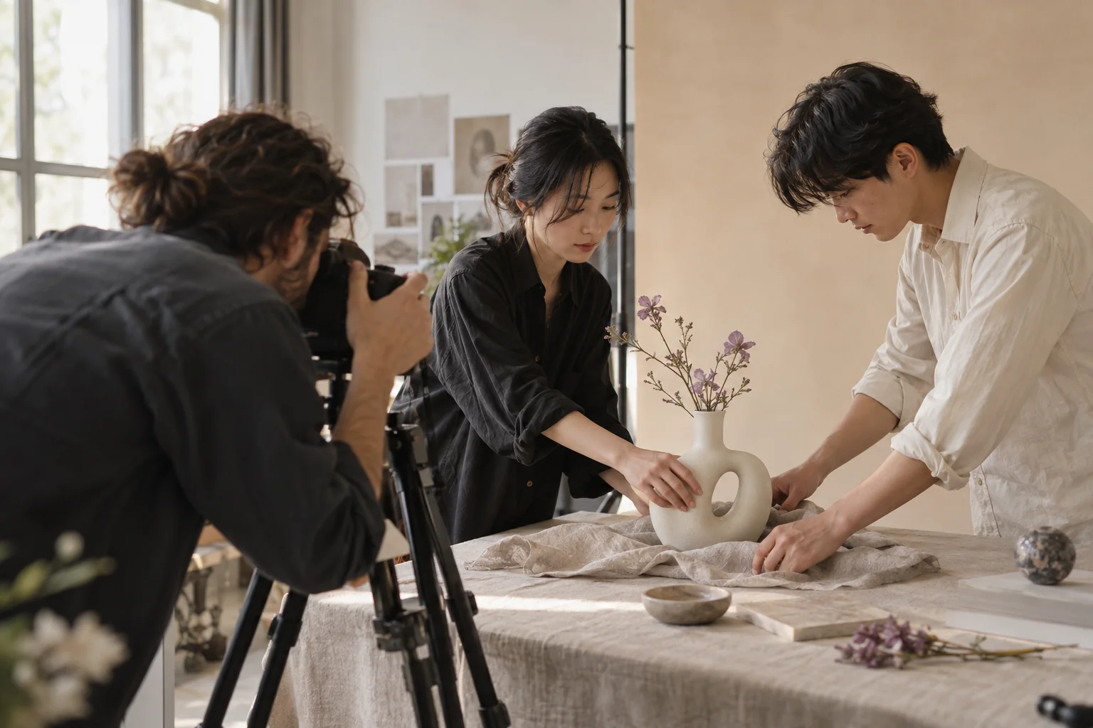 A creative team styles a ceramic product during a photo shoot.