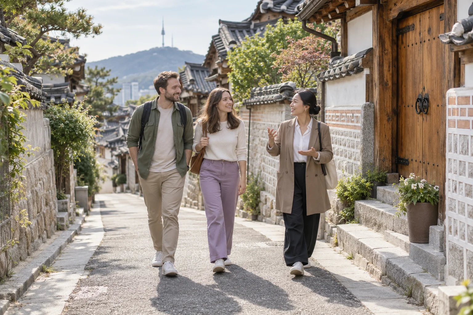Travelers exploring a Korean hanok neighborhood with a local guide.