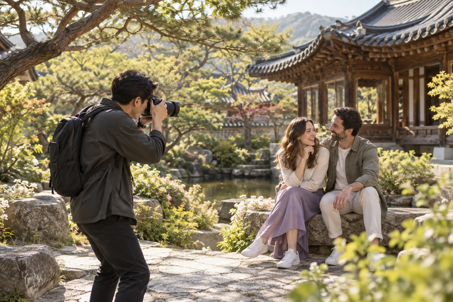 A photographer taking a couple’s portrait beside a traditional Korean pavilion.