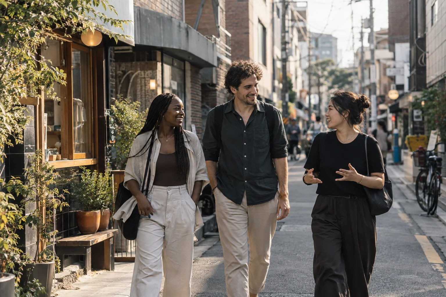 Visitors exploring a Seoul neighborhood with a local companion.