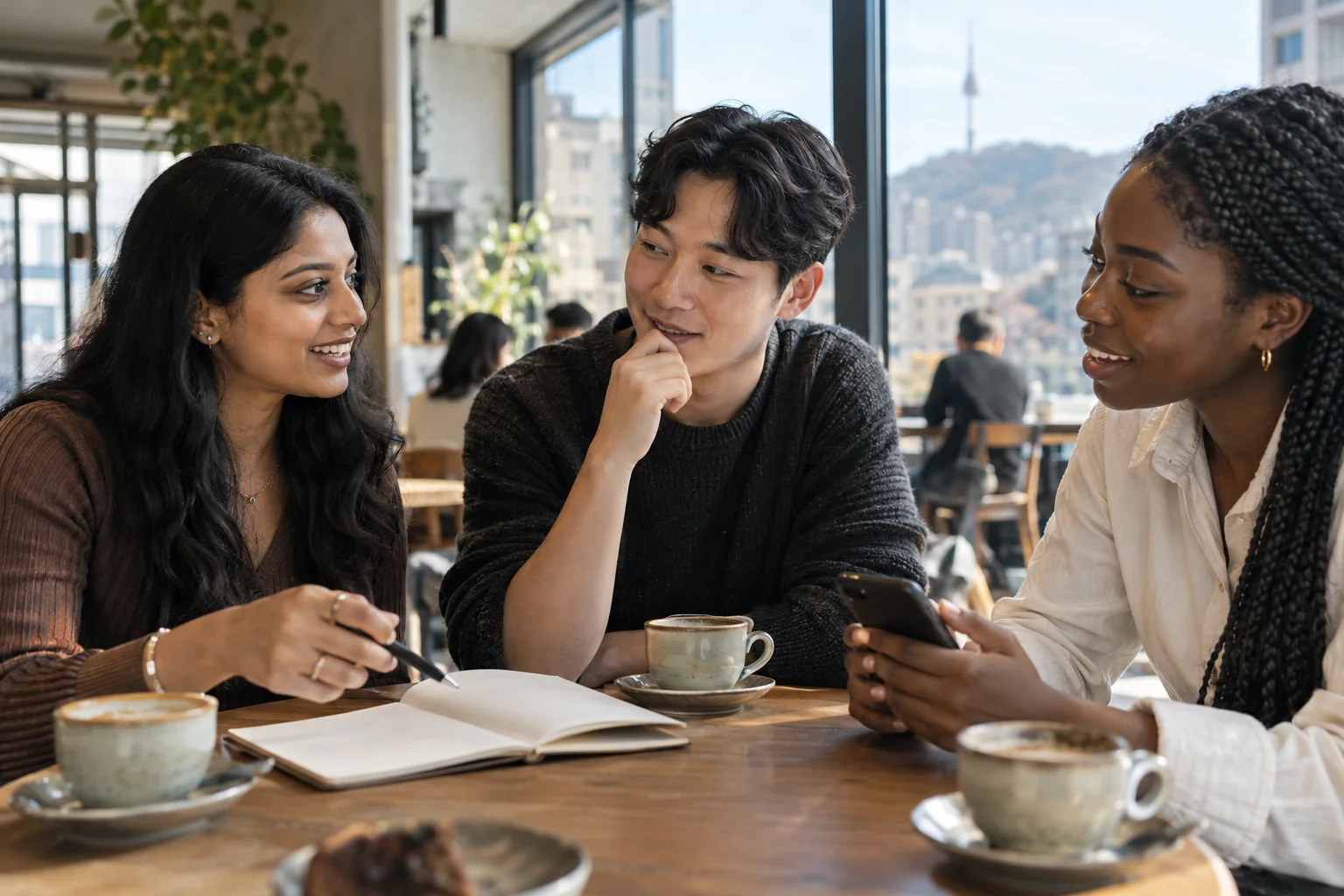 A conversation over a notebook and phone in a Seoul café.