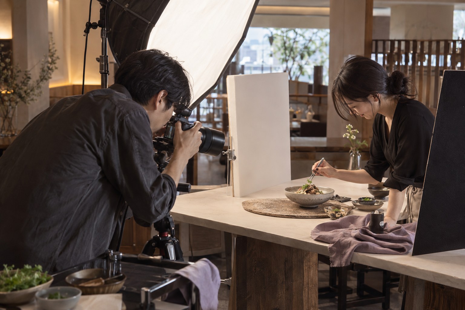 AI-generated illustrative scene of a photographer working during a food shoot with a stylist and softbox in a Korean setting.
