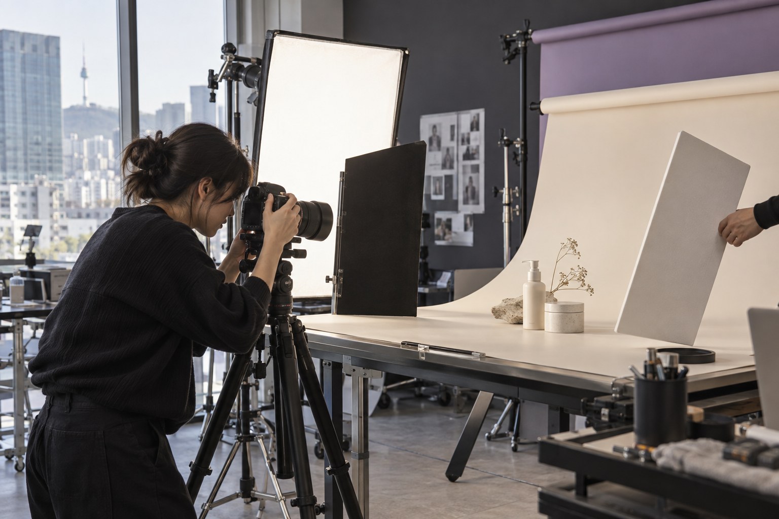 AI-generated illustrative scene of a photographer working during a tabletop product shoot with diffusion lighting in a Korean setting.