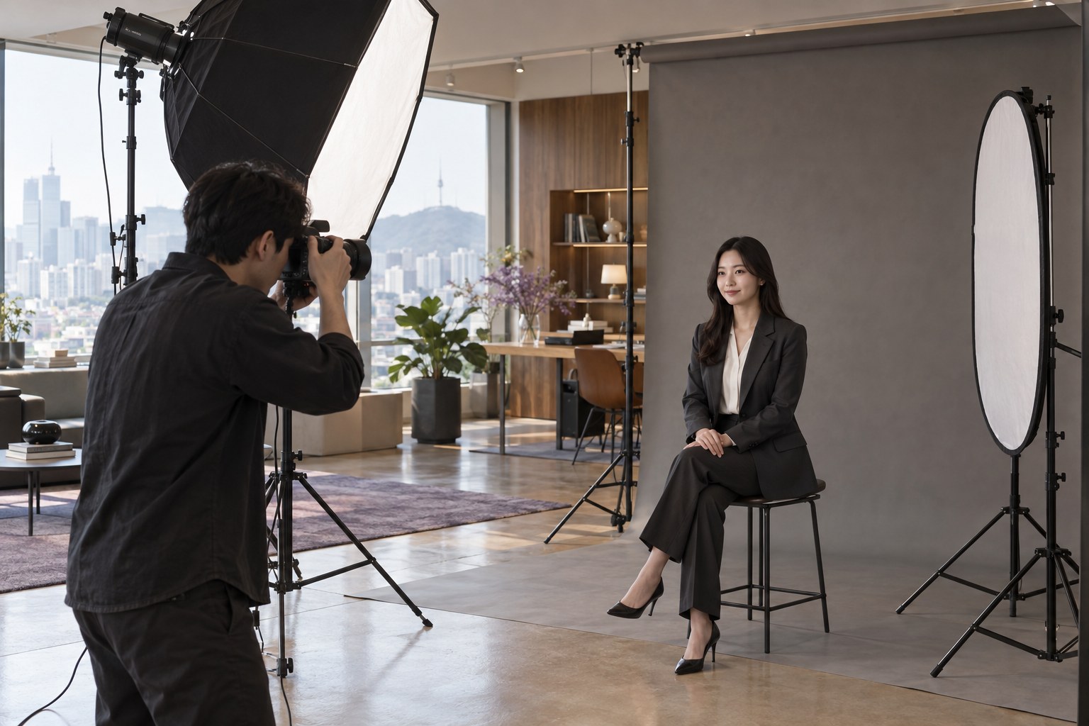 AI-generated illustrative scene of a photographer working during a corporate headshot session with a backdrop and softbox in a Korean setting.