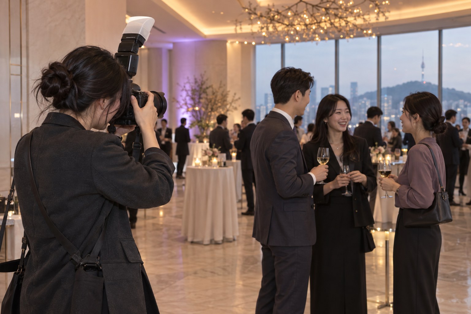 AI-generated illustrative scene of a photographer working during a business event with an on-camera flash in a Korean setting.