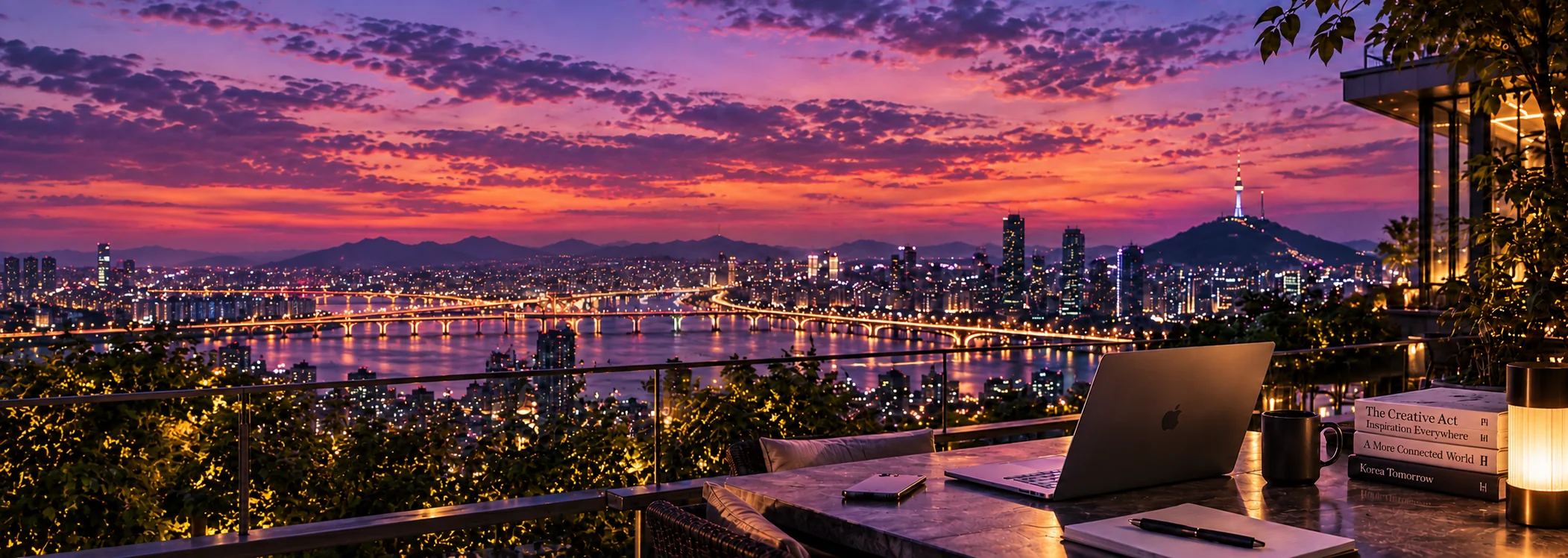 Seoul skyline and N Seoul Tower at sunset, viewed from a rooftop workspace with a laptop, books and warm lighting.