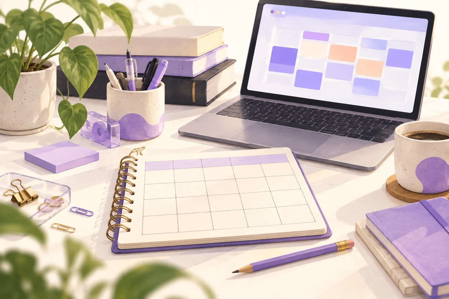 AI-generated illustration of an unlabeled course-planning notebook beside a laptop showing abstract colored blocks.