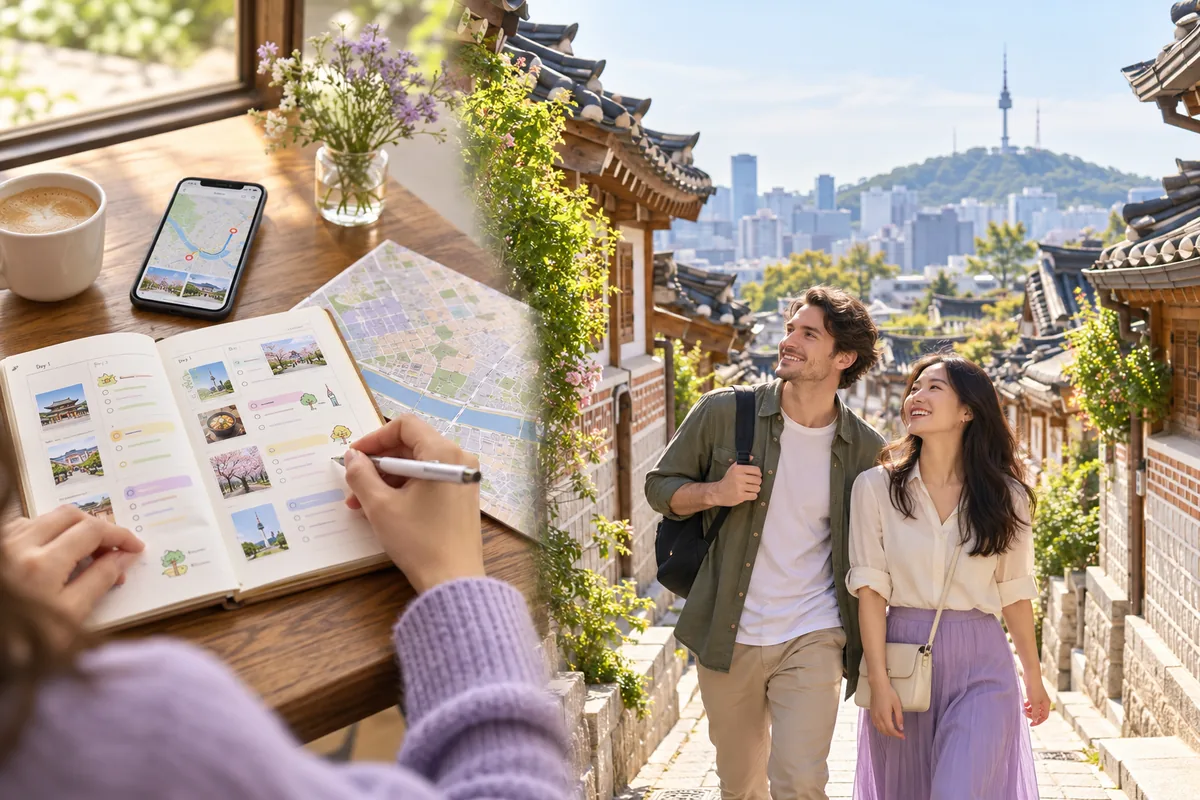 Illustrative composition of a Korea itinerary and map beside travelers enjoying Seoul's hanok streets.