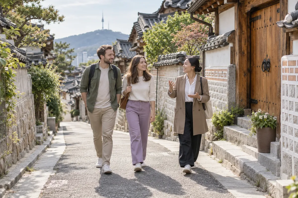 AI-generated illustration of a Korean guide leading visitors through a Seoul hanok neighborhood.