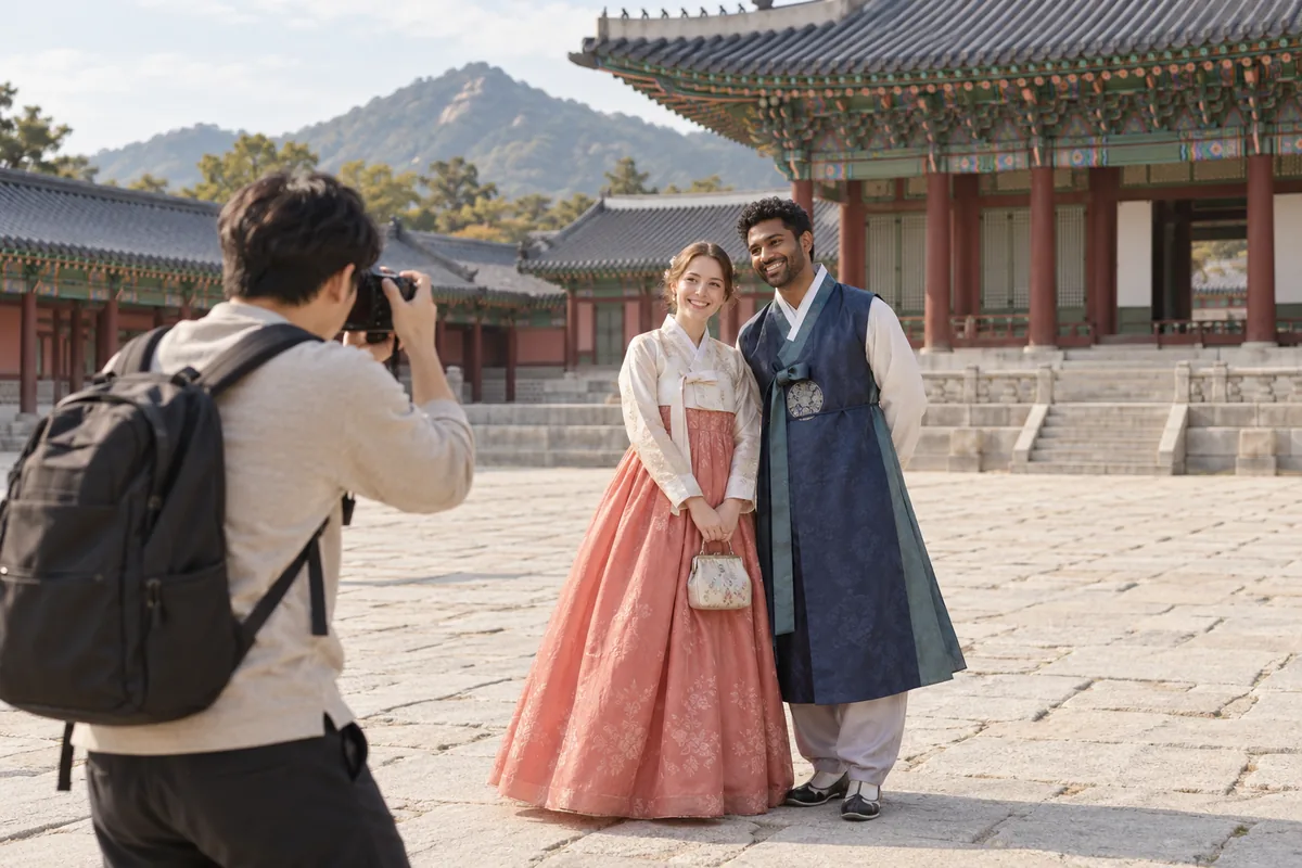 AI-generated illustration of a photographer taking portraits of foreign tourists in hanbok in a Korean palace courtyard.
