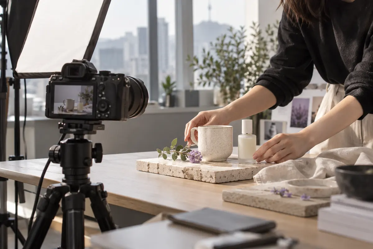 AI-generated image of a product photography setup with a camera, lighting and styled props.