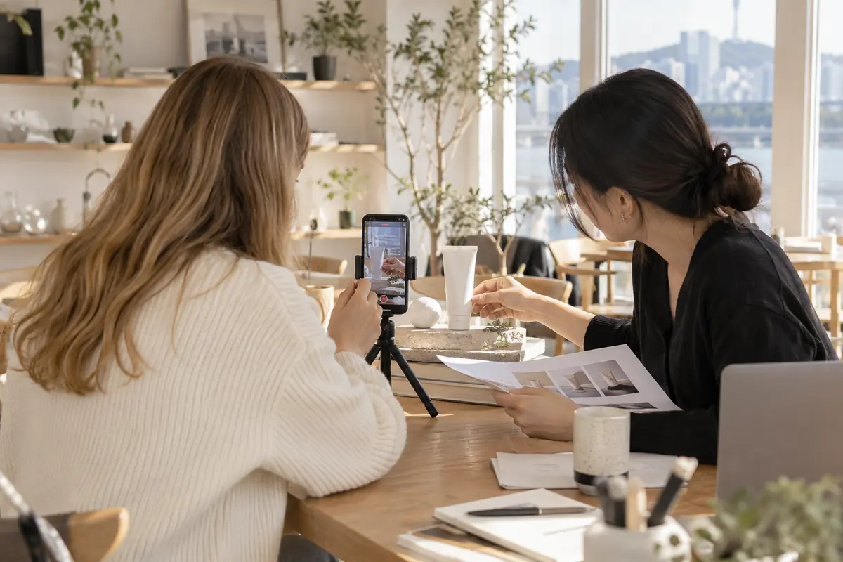 AI-generated image of an international creator and Korean coordinator preparing a product shoot.