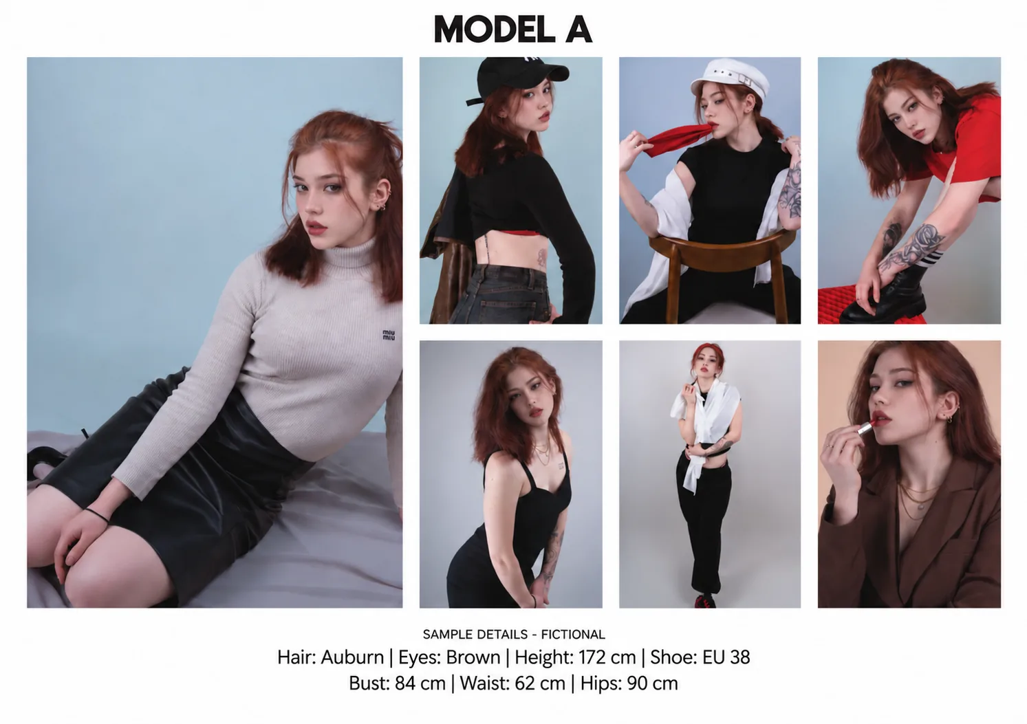 PIN Studio female model comp card with fictional sample hair, eye color, height and measurements. Original photography by PIN Studio; faces replaced with AI-generated identities.