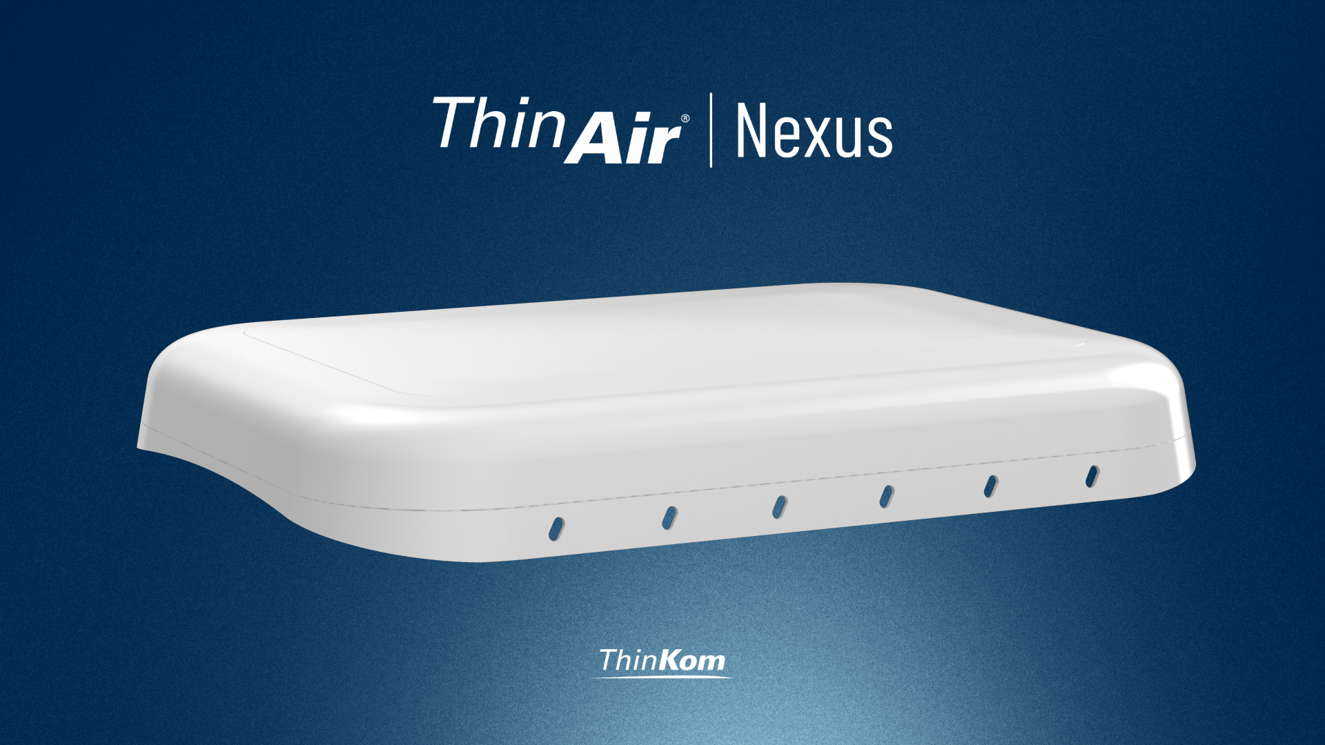 A product shot of ThinKom’s ThinAir Nexus antenna terminal set against a dark blue background, with the ThinAir Nexus branding visible above it and the ThinKom logo below.