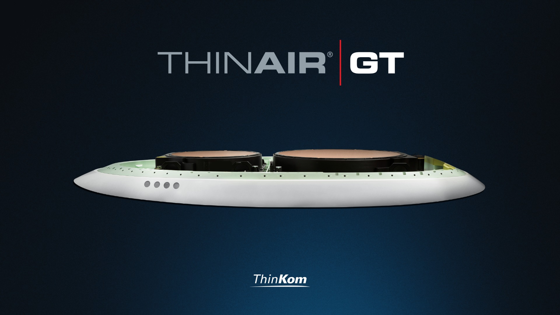 A sleek, low-profile ThinKom ThinAir GT SATCOM antenna assembly, centered against a dark background with "THINAIR GT" and "ThinKom" branding text.