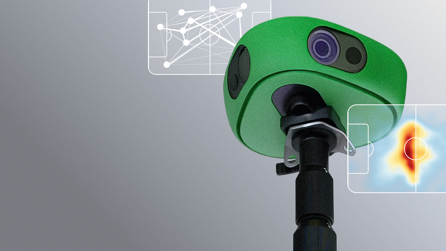 Green sports analysis camera on a tripod with football pitch tactics and heatmap overlays.