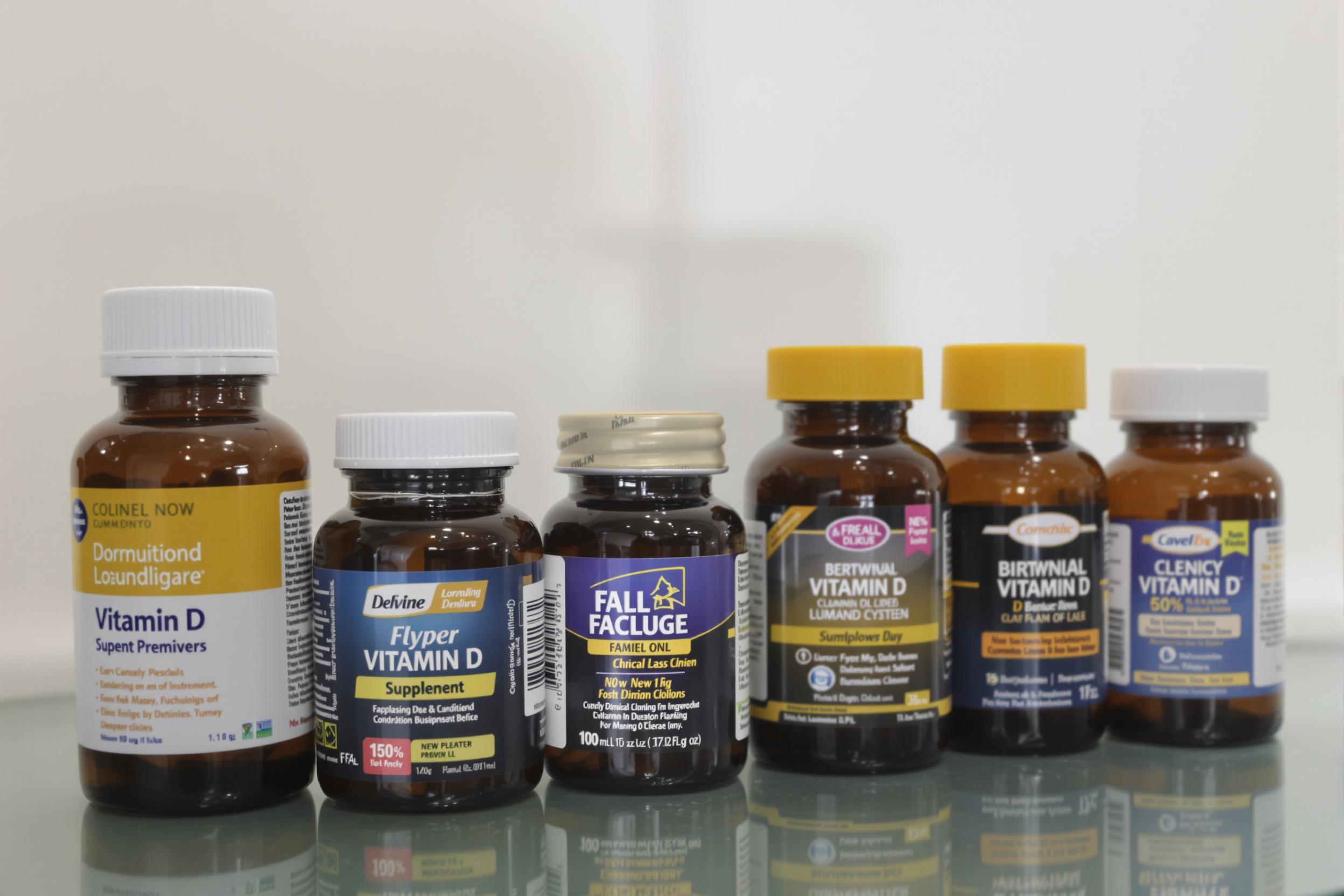 Différents flacons de compléments de vitamine D3 alignés