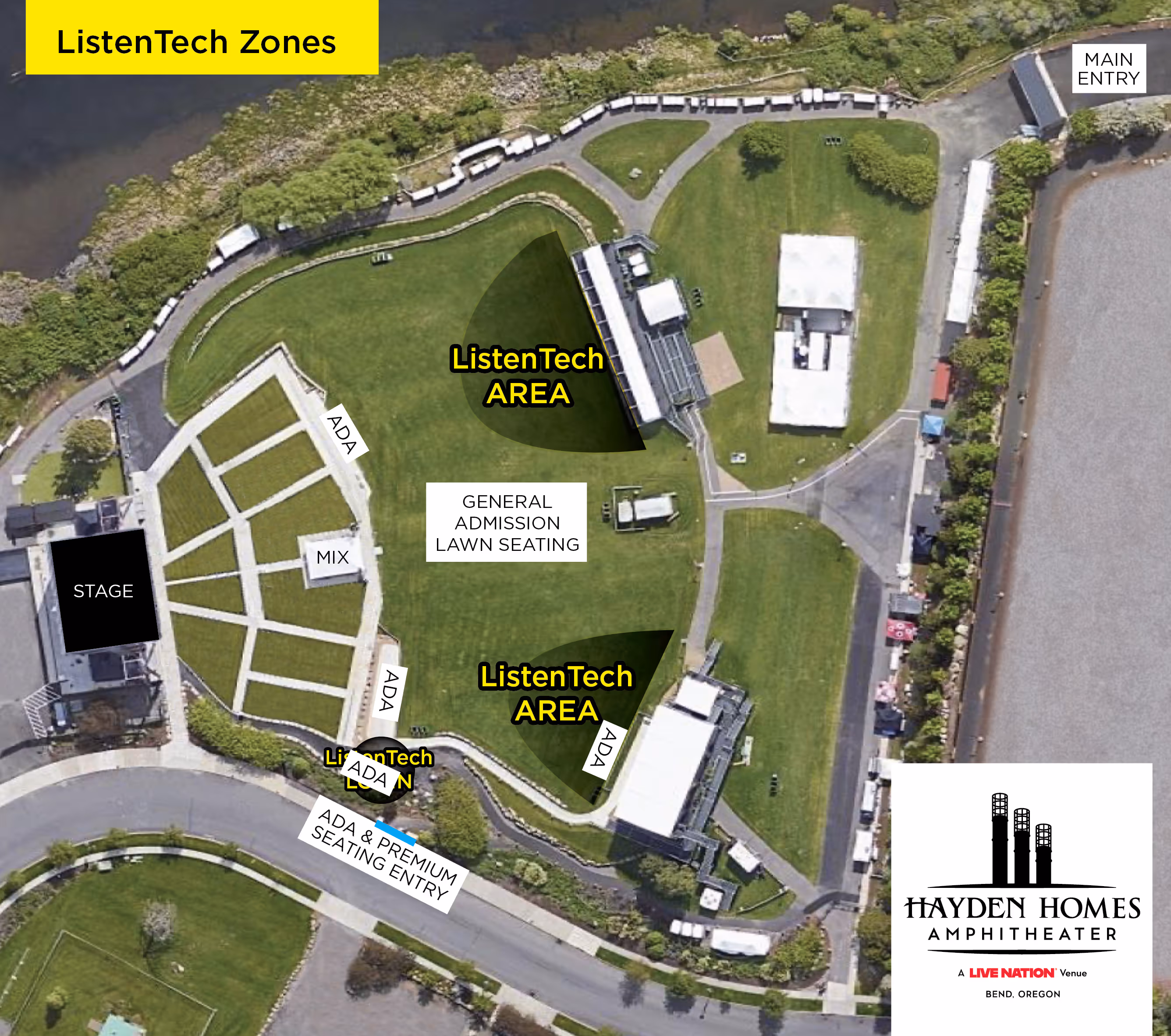 Aerial map of Hayden Homes Amphitheater showing stage, lawn seating, and ListenTech zones.