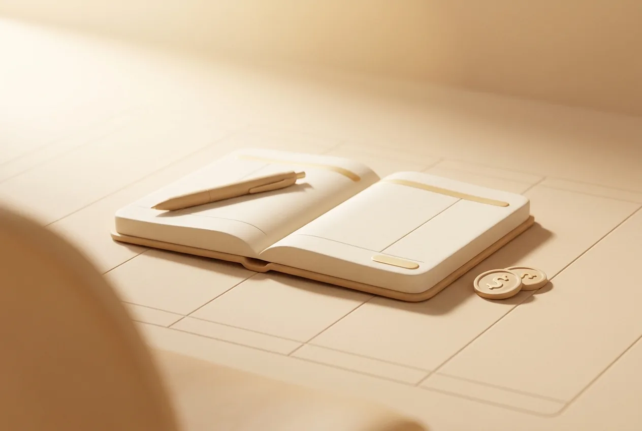 Illustration 3D beige d'un carnet de comptes ouvert avec un stylo et quelques pièces, symbolisant le suivi du budget et l'épargne.