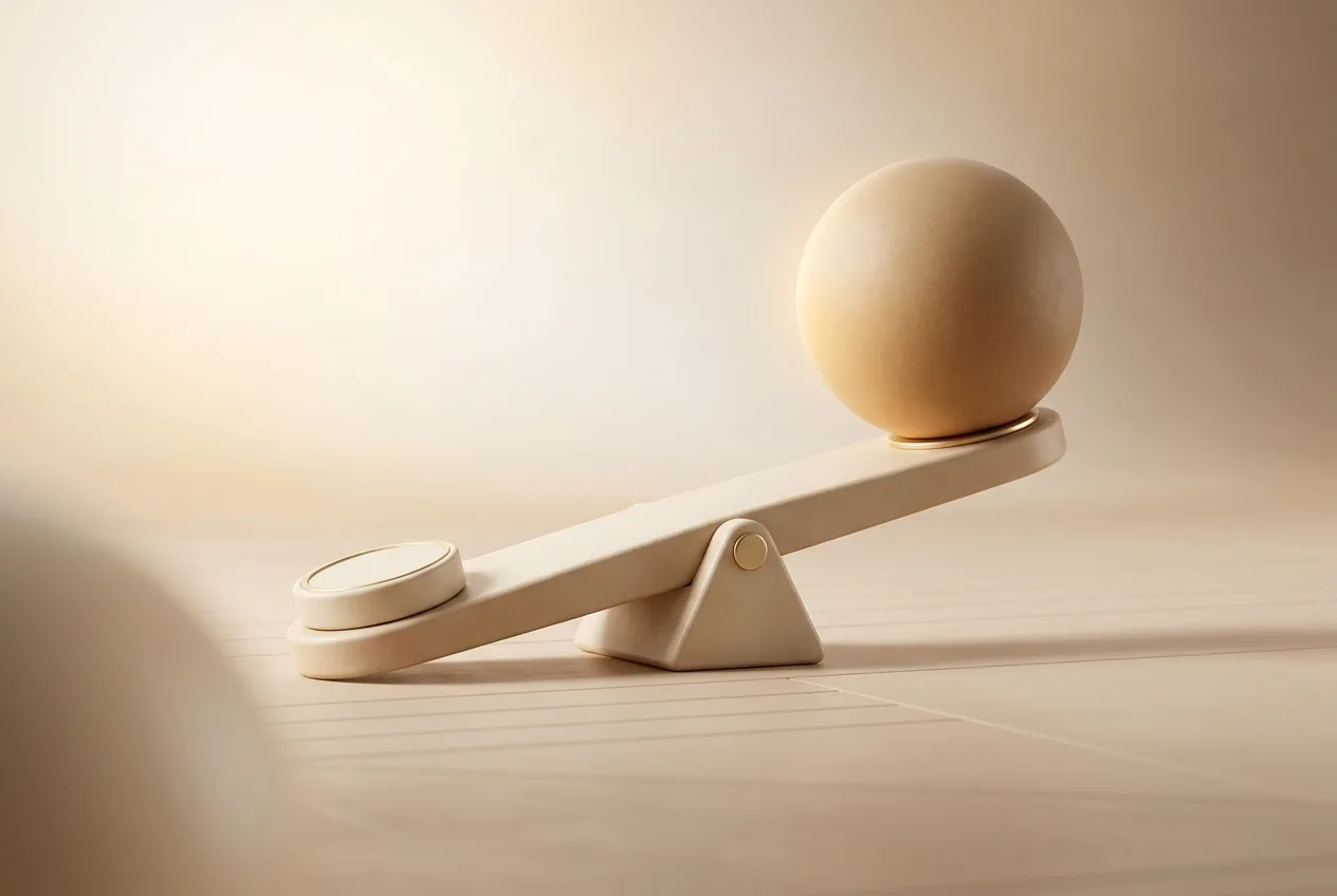 Illustration 3D beige d'un levier en argile où une petite pièce soulève une grande sphère, symbolisant l'effet de levier.